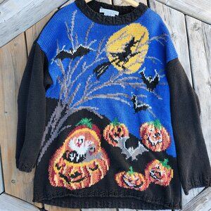 VINTAGE Jennifer & Company Halloween Sweater PUMPKIN WITCH GHOST BATS
